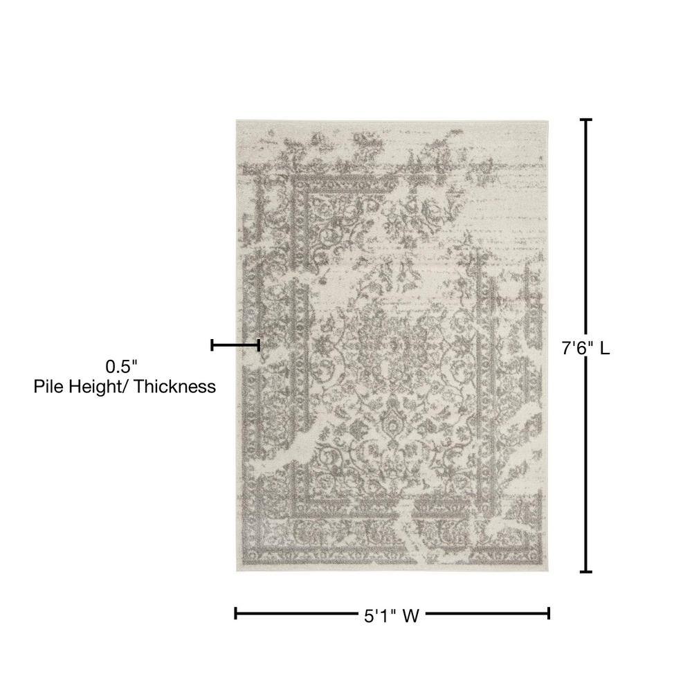 Ivory and Silver Floral Rectangular 5' x 7' Area Rug