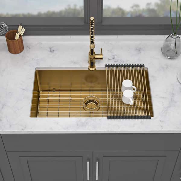 32 in. Undermount Single Bowl 16 Gauge Gold Stainless Steel Kitchen Sink with Bottom Grids