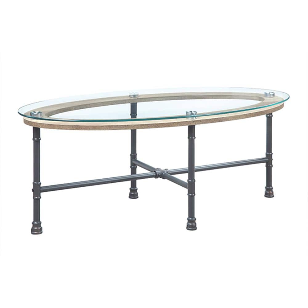 Industrial Oval Glass Top Coffee Table with Metal Frame