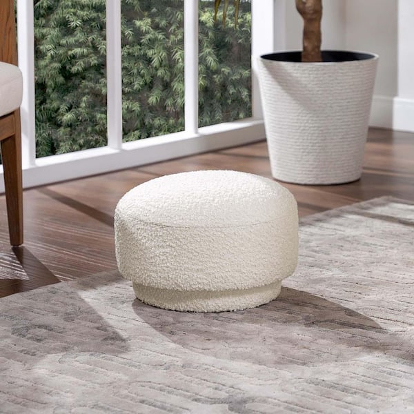 Unbranded White Boucle Filled Ottoman Cotton Round Pouf Mushroom Footstool for Living Room Sitting