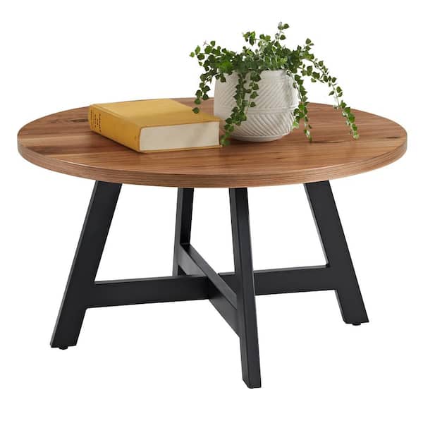 Lavish Home 24 in. Brown Round MDF Walnut-Finished Coffee Table with Black Base