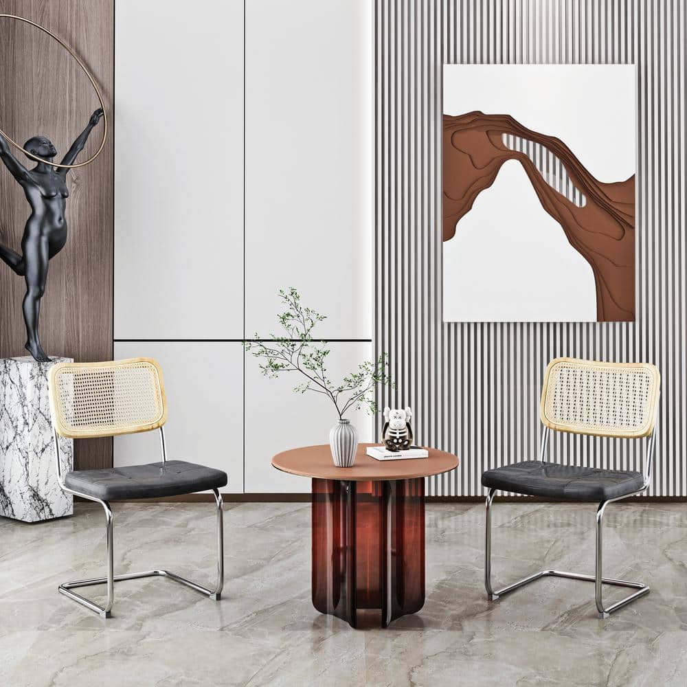 Gray Faux Leather and Rattan Low Side Chair Set
