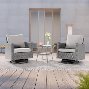 3-Piece Gray Wicker Patio Bistro Set Swivel Rocking Chairs with Side Table, Linen Grey