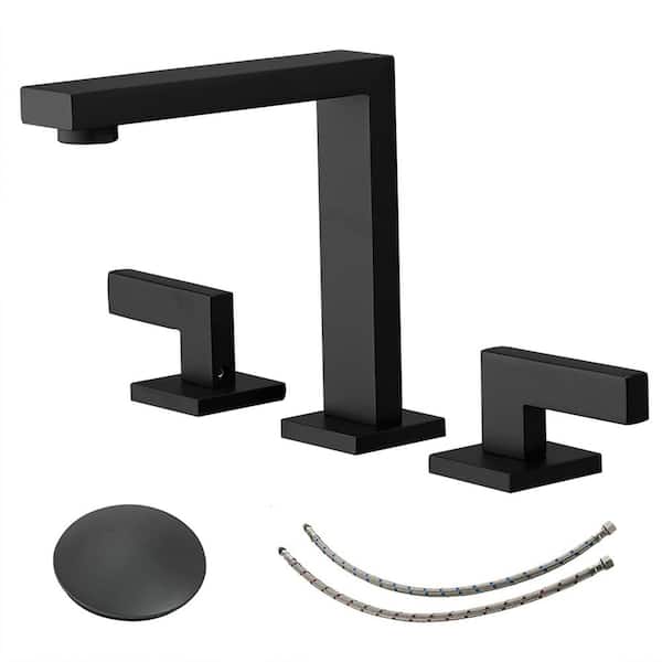 Unbranded 8 in. Widespread Double Handle Bathroom Faucet with Drain Assembly 3 Hole Brass Bathroom Basin Taps in Matte Black