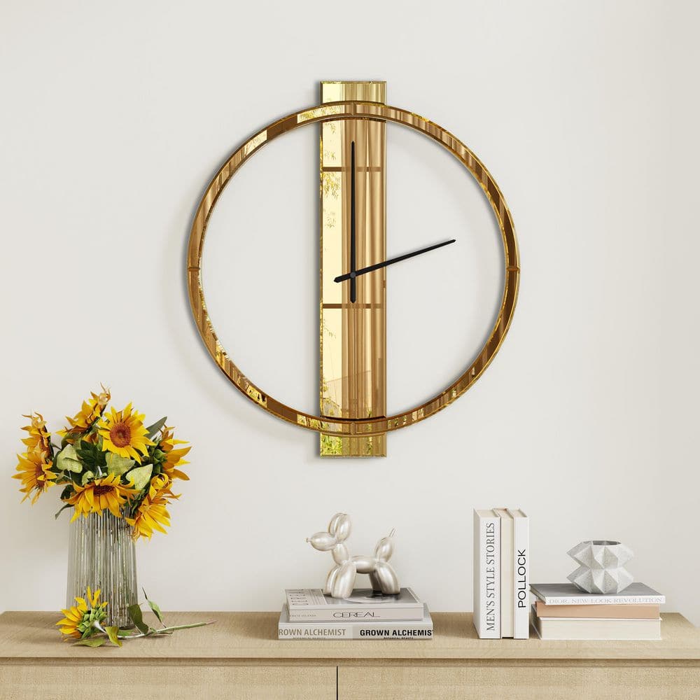 THKSHOUZ Modern Gold 23.6 in. W x 26.8 in. H Round Living Room Mirrored ...