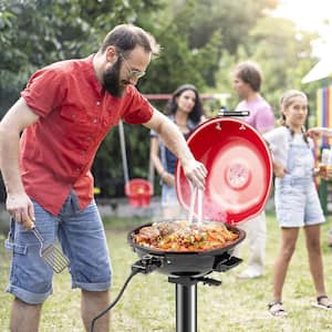 Portable 1600-Watt BBQ Electric Grill in Red withTemperature Control and Grease Collector