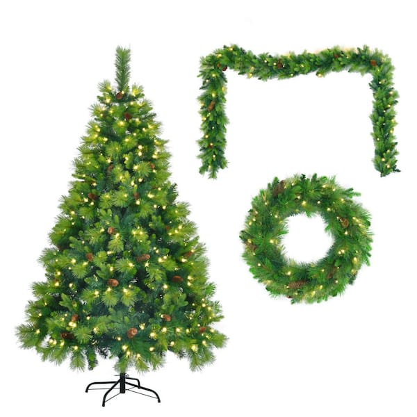 3-Piece Artificial Christmas Tree Set, 6 ft. Pre-lit Xmas Tree, Garland and Wreath