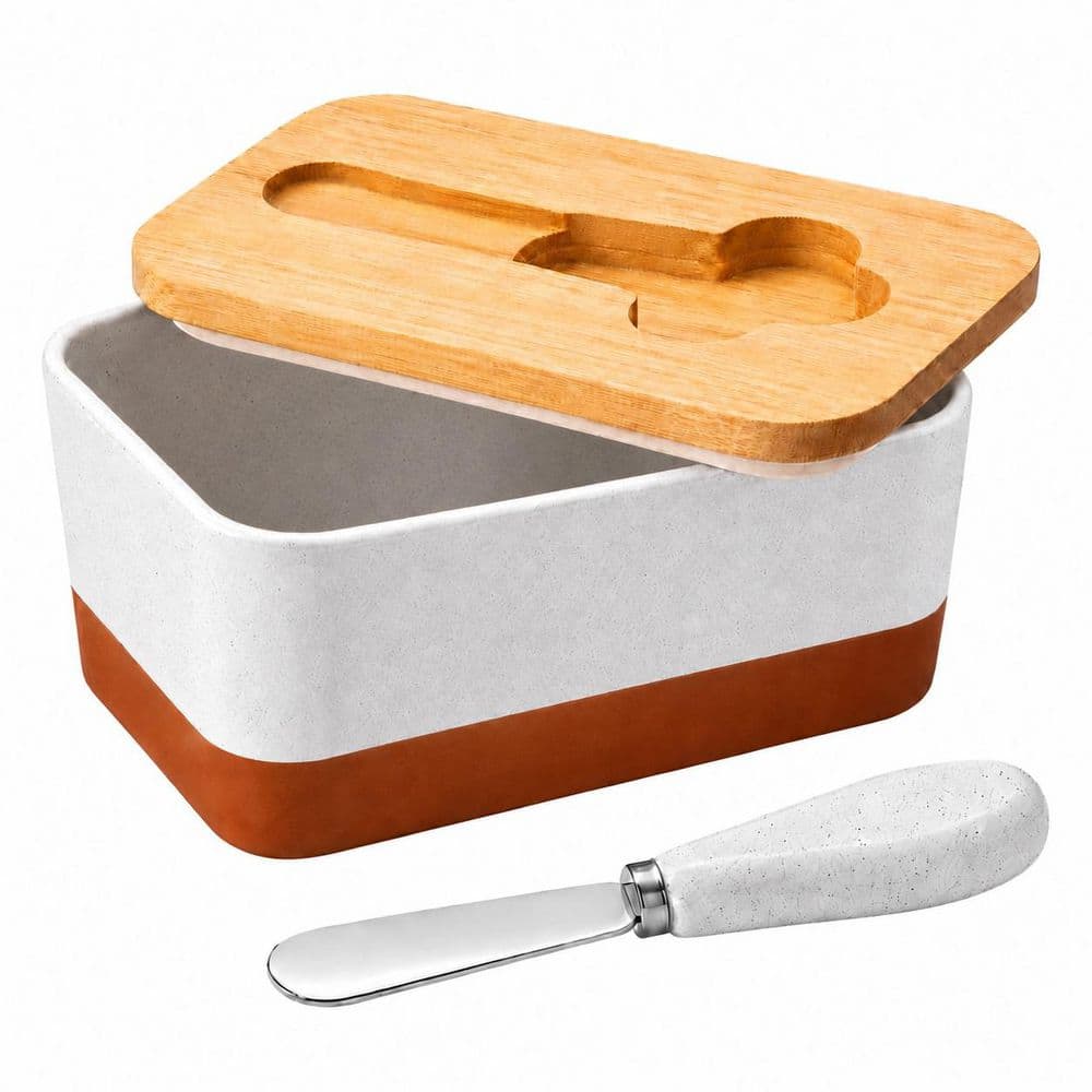 TARA Series Large White Ceramic Butter Dish with Airtight Bamboo Lid, Knife and Silicone Seal for Countertop price history on PriceWatchPro