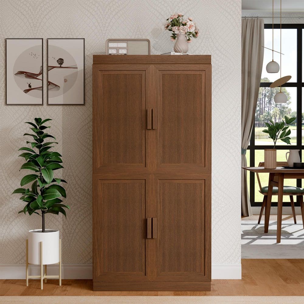 Solid Wood Light Walnut 62 in. H Storage Cabinet with Adjustable Shelves and Rattan Doors