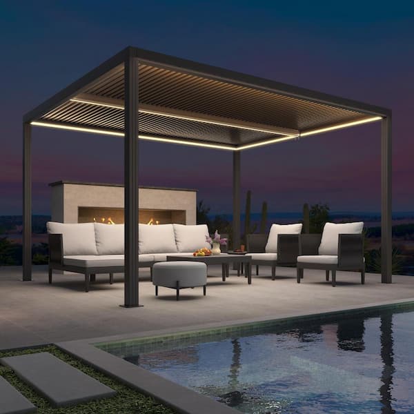 11 ft. x 13 ft. Gray Aluminum Frame Outdoor Louvered Pergola Gazebo with Adjustable Sunshade Roof and LED Strip Lights