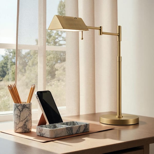 MetroBeam 22 in. Antique Brass Dimmable LED Swing Arm Task and Reading Lamp with Adjustable Lamp Head