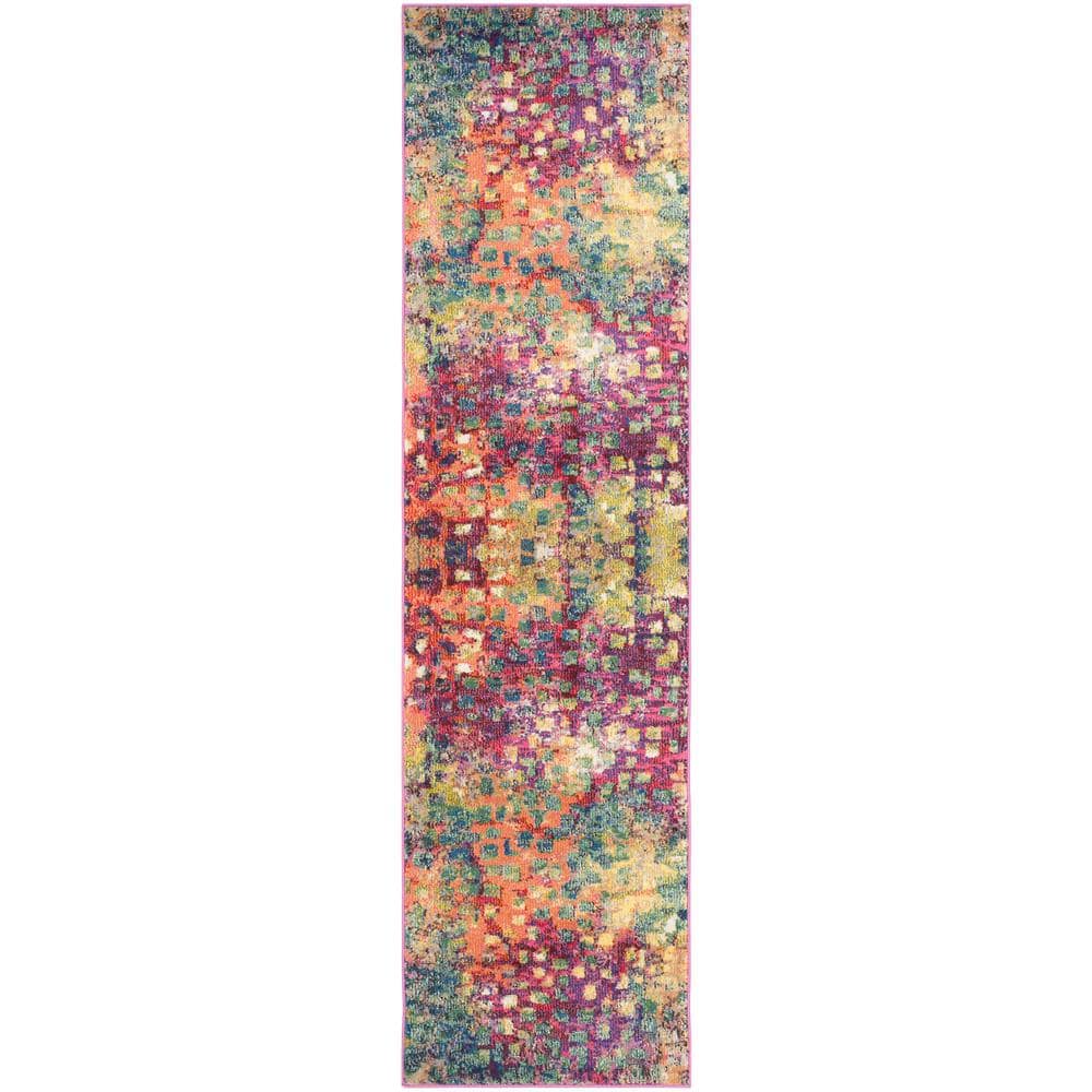 Pink and Multicolor Geometric Synthetic Runner Rug