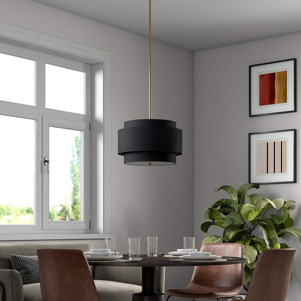 Brass and Black Double Drum Pendant Light with Fabric Shade