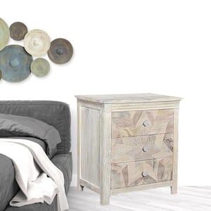 30 in. Distressed White Three Drawer Geometric Pattern Solid Wood Nightstand