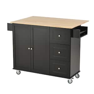 Black Kitchen Island Rolling Cart Wood Top and Locking Wheel 2-Door Cabinet and 3-Drawers and Towel Rack and Spice Rack