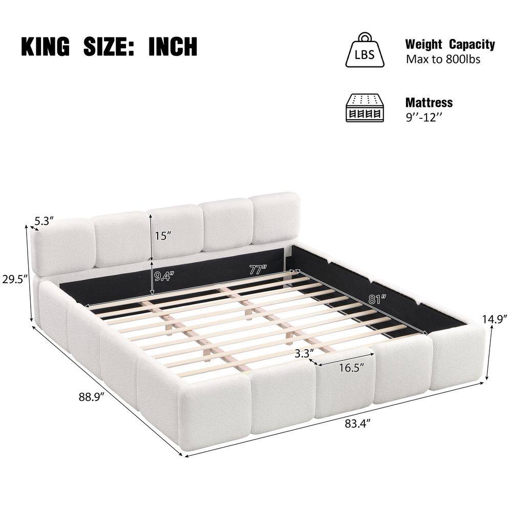 White Wood Frame King Size Upholstered Platform Bed with Boucle Thick Headboard and Footboard, Block Style - thumbnail 3