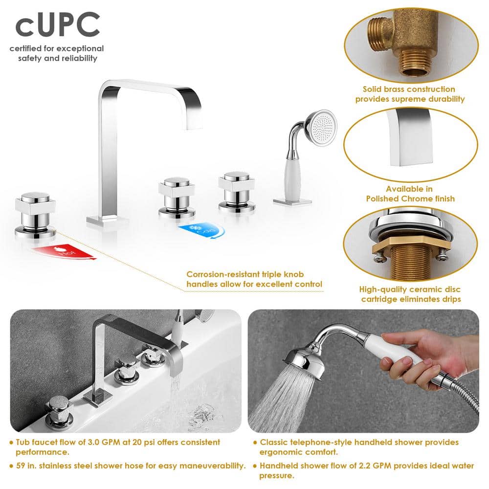 Polished Chrome Triple Handle Deck-Mount Roman Tub Faucet