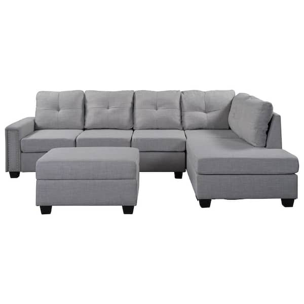 GODEER 109 in. W 4-Piece Polyester Sectional 3-Seaters Sofa with Reversible  Chaise, Storage Ottoman, 2-Small Pillows in Gray W487S00040LXL - The Home  Depot