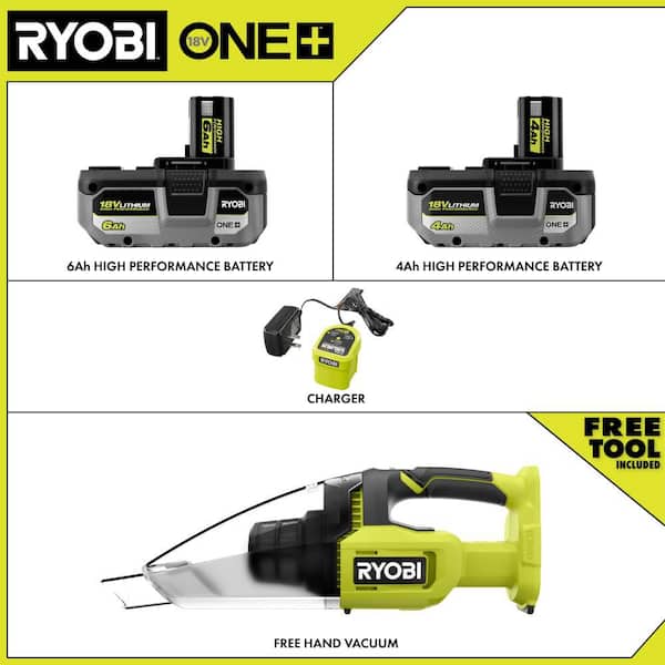 ONE+ 18V Lithium-Ion HIGH PERFORMANCE Kit w/ 4 Ah Battery, 6 Ah Battery, Charger, & FREE ONE+ Cordless Handheld Vacuum