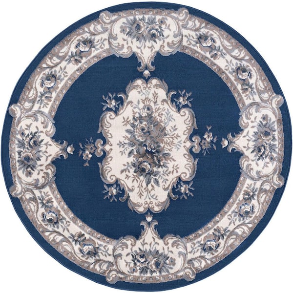 Hampton Oriental Navy 8 ft. Round Indoor Area Rug