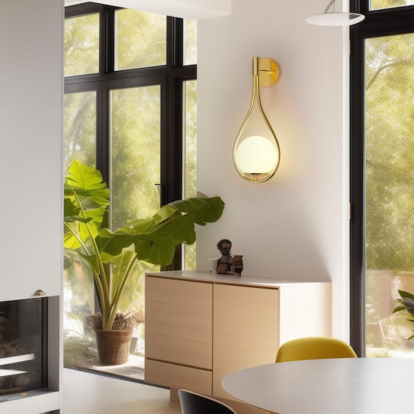 7.87 in. 1-Light Mid-Century Water Drop Design Gold Wall Sconce with Global Frosted Glass Shade for Bedroom Bedsides