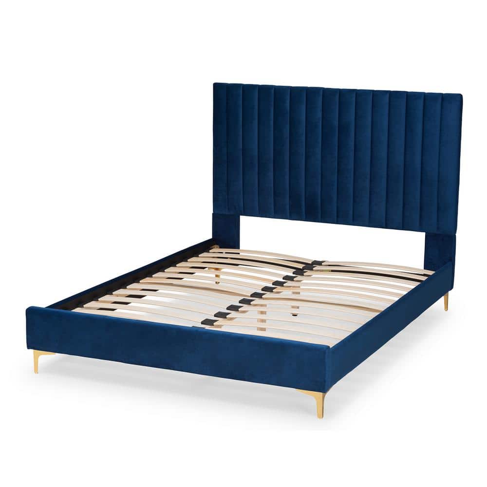 Luxurious Navy Blue Velvet Full/Double Platform Bed with Gold Metal Legs