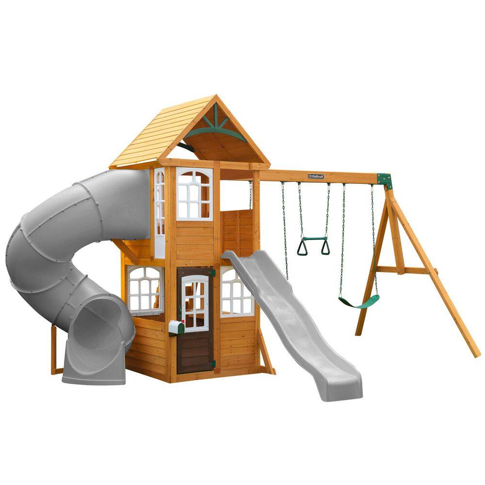 DIY Sterling Falls Wooden Outdoor Playset with Slides, Clubhouse, Play Kitchen, Swing Set, and Playground Equipment