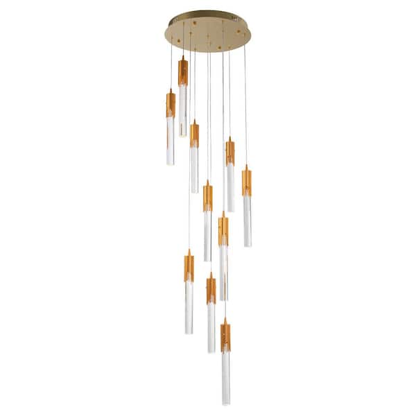 OUKANING 10-Light Integrated LED Gold Adjustable Long Attic Chandelier with Crystal Lamp Strips for Living Room Foyer