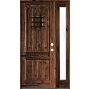 50 in. x 96 in. Medit. Knotty Alder Left-Hand/Inswing Clear Glass Red Mahogany Stain Wood Prehung Front Door w/RFSL