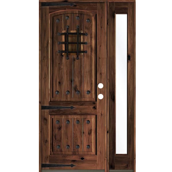 Krosswood Doors 62 in. x 96 in. Medit. Knotty Alder Left-Hand/Inswing Clear Glass Red Mahogany Stain Wood Prehung Front Door w/RFSL