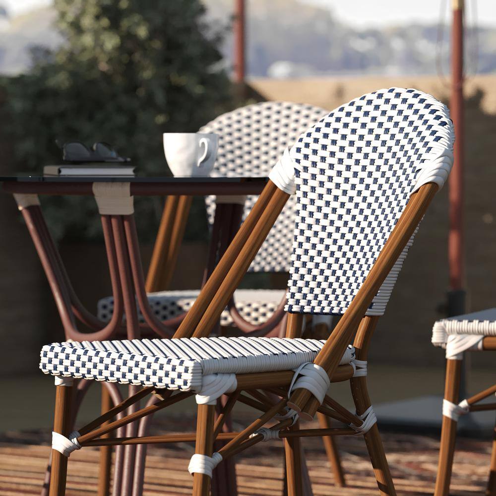 White and Navy Checkered PE Rattan Armless Side Chairs