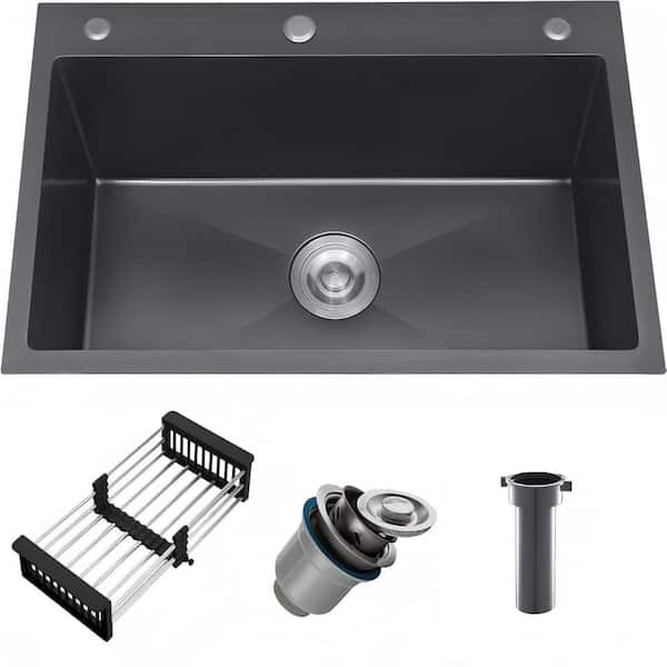 30 in. Drop-In Single Bowl 18 Gauge Black Stainless Steel Kitchen Sink with Drain Basket and Strainer