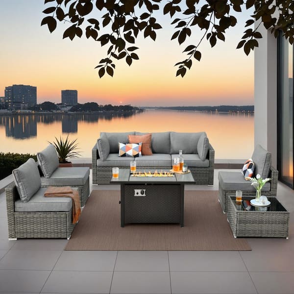 Sanibel Gray 8-Piece Wicker Patio Conversation Sofa Sectional Set with a Metal Fire Pit and Dark Gray Cushions