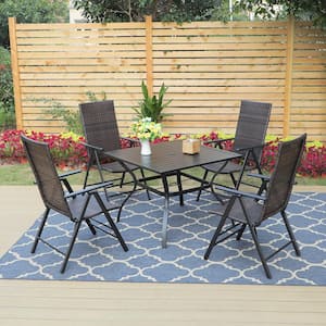 Black 5-Piece Metal Slat Square Table Patio Outdoor Dining Set with Folding Reclining Rattan Chairs