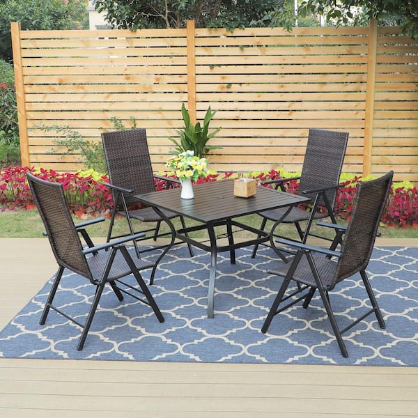 PHI VILLA Black 5-Piece Metal Slat Square Table Patio Outdoor Dining Set with Folding Reclining Rattan Chairs