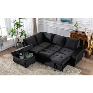 87.4 in. W Black L-shaped Velvet Twin Size Sofa Bed with 2 USB Ports, Storage Ottoman and Hidden Storage Arm