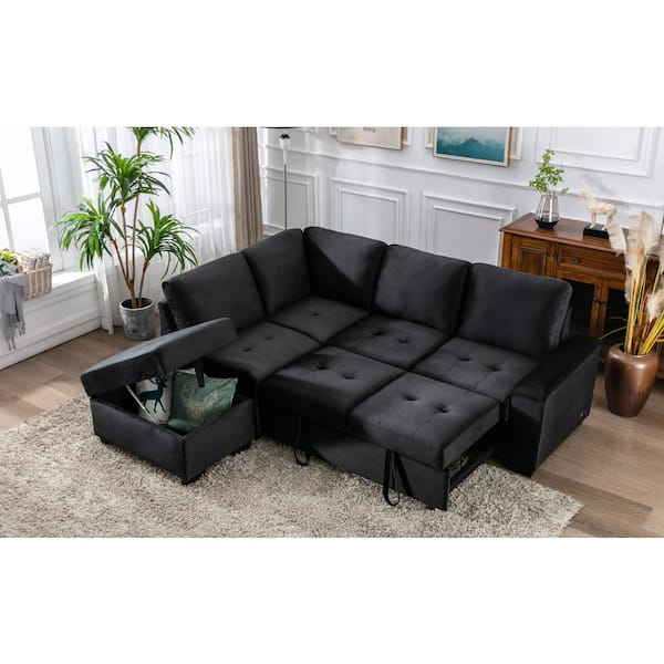 Harper & Bright Designs 87.4 in. W Black L-shaped Velvet Twin Size Sofa Bed with 2 USB Ports, Storage Ottoman and Hidden Storage Arm