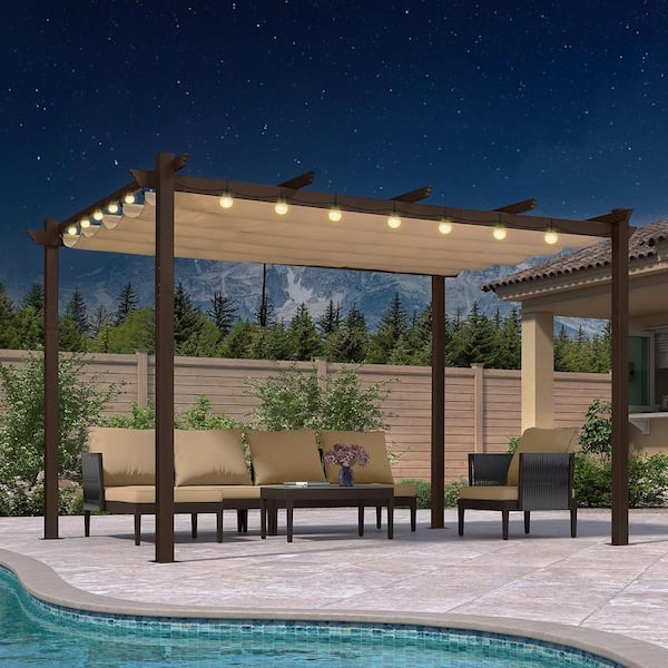 10 ft. x 12 ft. Bronze Aluminum Frame Morden Pergola with Beige Retractable Sun Shade Canopy and String Lights