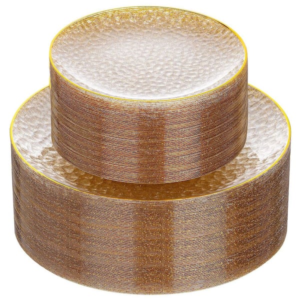 60 Piece Clear Gold Plastic Plates with Gold Rim, Heavy Duty Hammered Disposable Round Plates for Wedding, Party