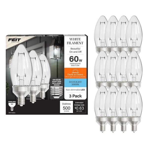 60Watt Equivalent B10 E12/E26 Dusk to Dawn White Filament Clear Chandelier Candle LED Light Bulb Daylight 5000K(18-Pack)
