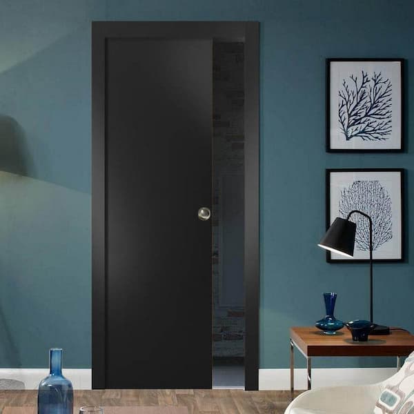 Planum 0010 30 in. x 84 in. Flush Black Finished Wood Sliding Door with Single Pocket Hardware