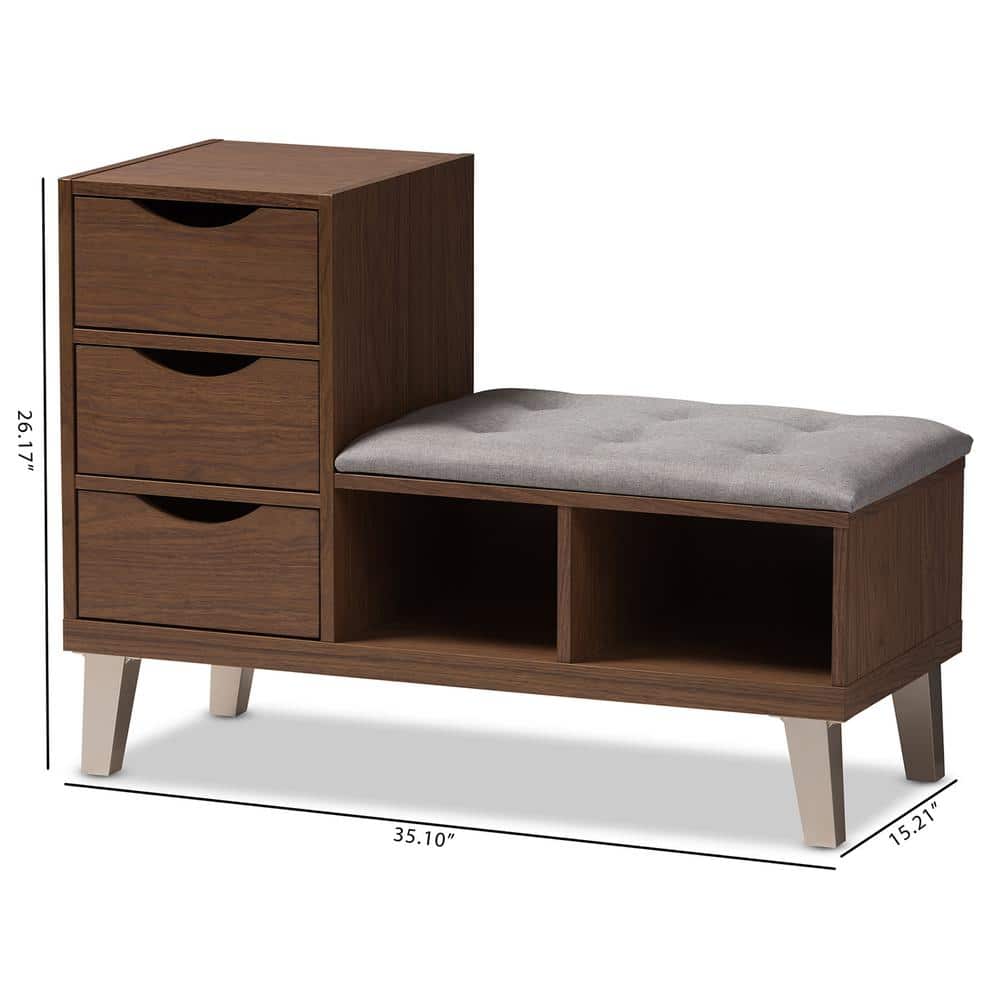Walnut Wood & Light Gray Fabric 3-Drawer Shoe Storage Bench