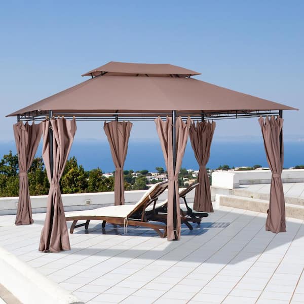 Outsunny 10 ft. x 13 ft. 2-Tier Steel Outdoor Garden Gazebo With Vented Soft Top Canopy And Removable Curtains, Khaki