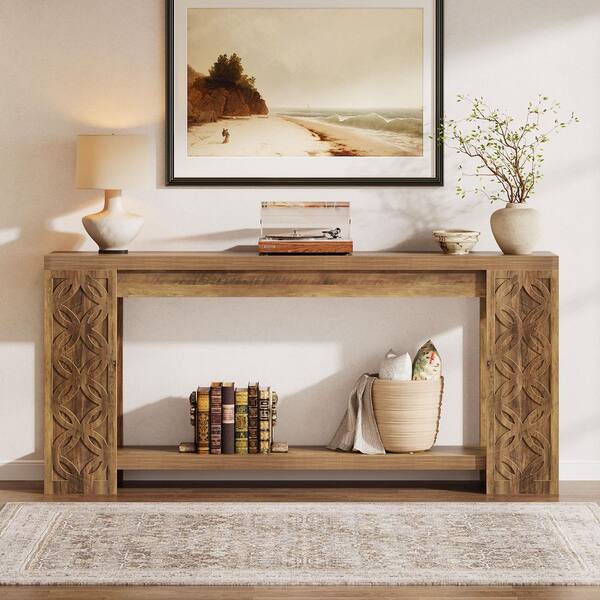 BYBLIGHT Turrella 70.87 in. Brown Rectangle Wood Console Table with ...