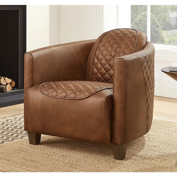 Top Leather Chocolate Color Genuine Leather Accent Arm Chair with Wood Legs