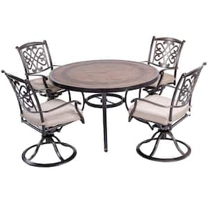 Cuneo 5-Piece Cast Aluminum Outdoor Dining Set with Round Umbrella Table, Swivel Metal Chairs with Beige Cushions