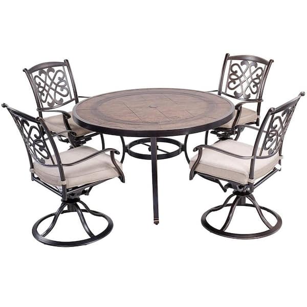 Mondawe Cuneo 5-Piece Cast Aluminum Outdoor Dining Set with Round Umbrella Table, Swivel Metal Chairs with Beige Cushions