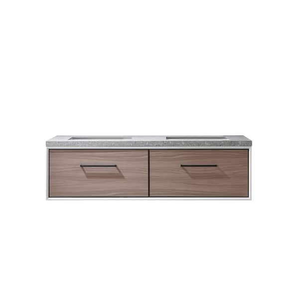 ROSWELL Capa 60 in. W x 22 in. D x 17.3 in. H Double Sink Bath Vanity in Light Walnut with Grey Sintered Stone Top