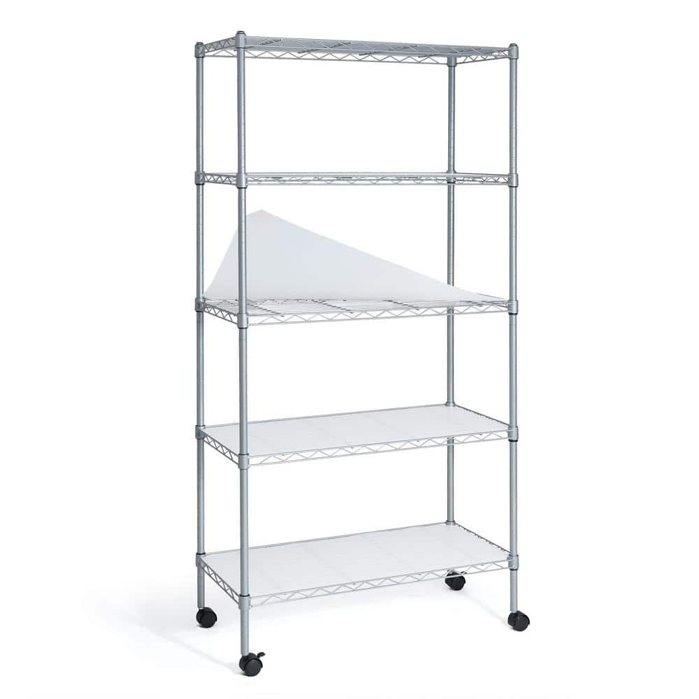Silver 5-Tier Adjustable Steel Wire Shelving Unit with Wheels