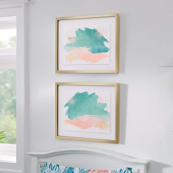 StyleWell (17 in. H x 21 in. W) Pink, Blue, Green Abstract Watercolor Wall Art with Antiqued Gold Frame (Set of 2)